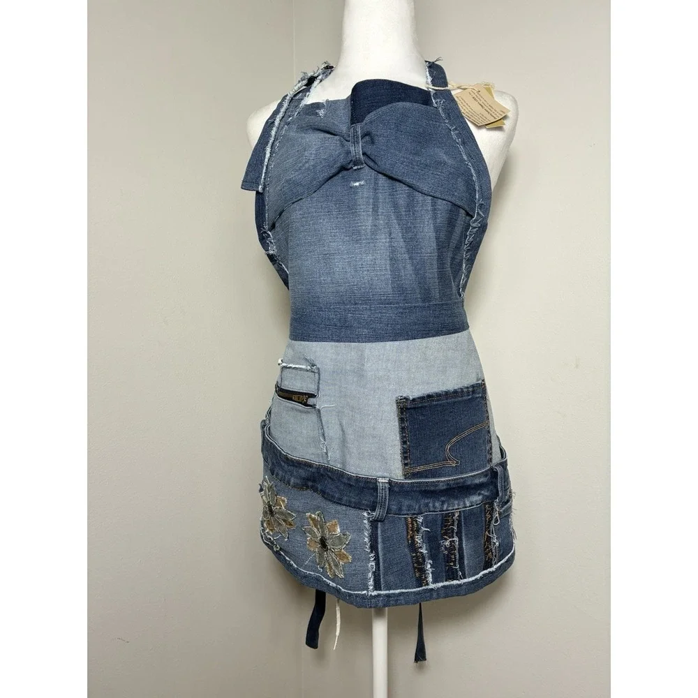 Handmade Recycled Denim Apron Blue OS Boho Tie Back Ajustable‎ Neck Strap